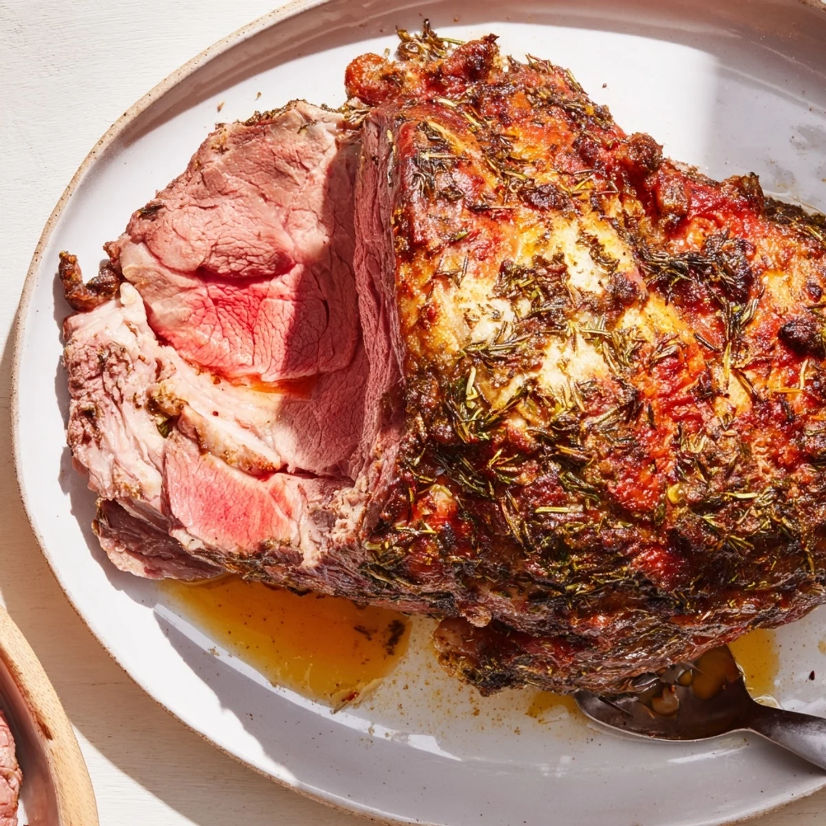 Golden-skinned roasted turkey breast glistening with herbs, ready to carve for a holiday feast.