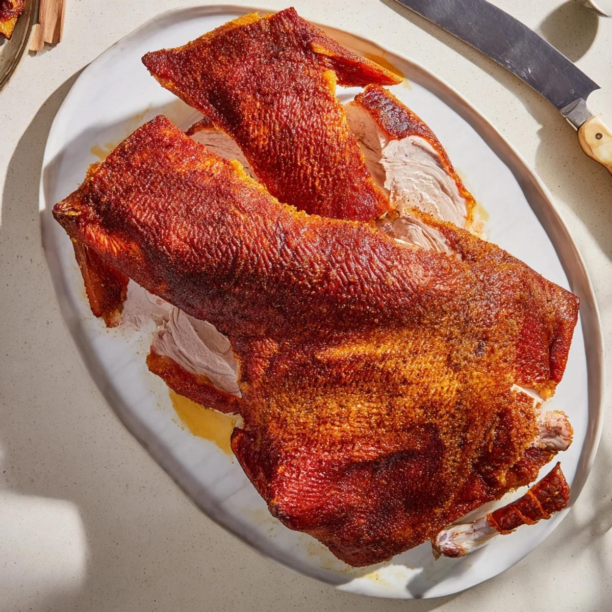 Juicy, tender roasted turkey breast richly seasoned, presented with roasted vegetables and savory juices.