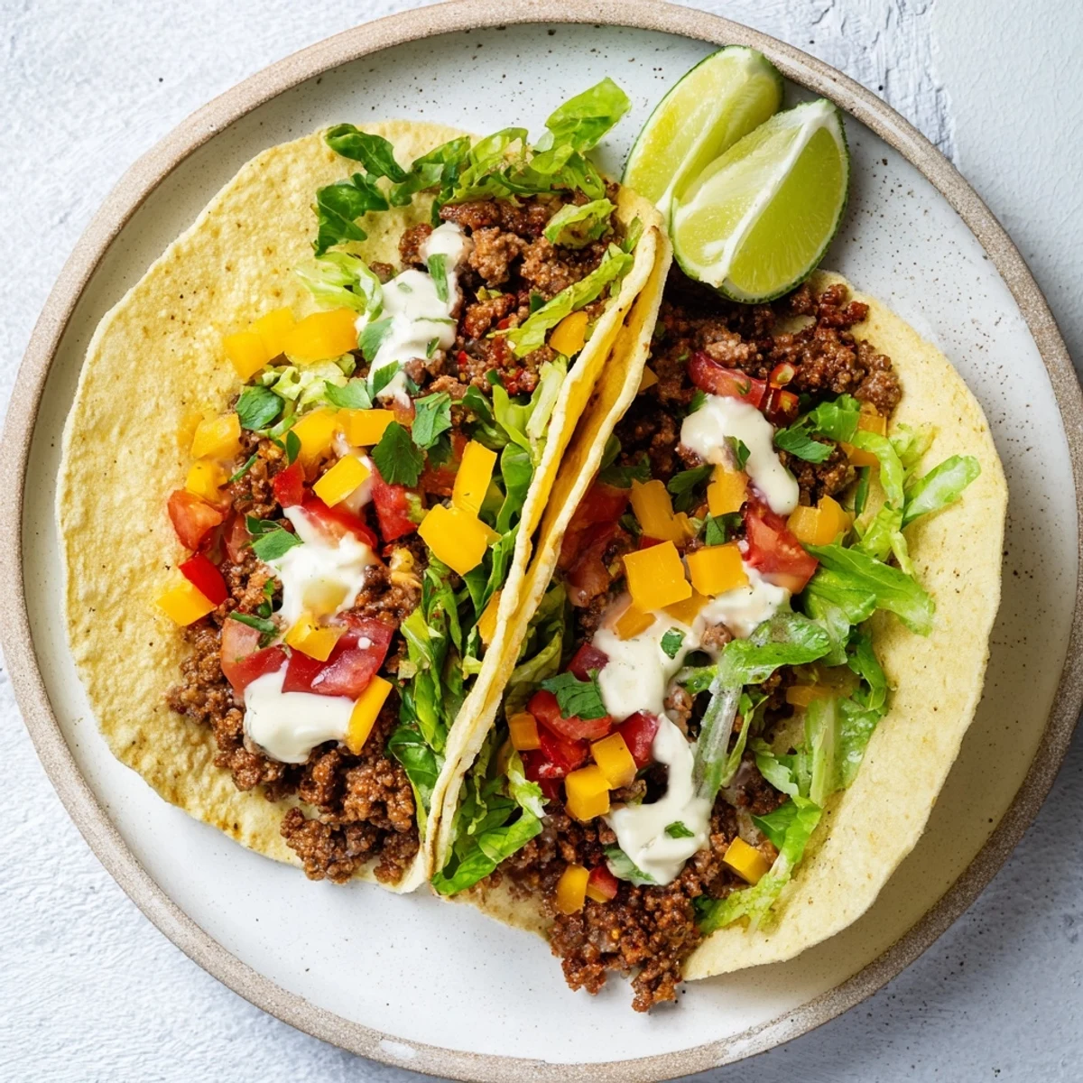 Colorful beef tacos on a plate, featuring shredded cheese, tomatoes, and sour cream, ready to eat.
