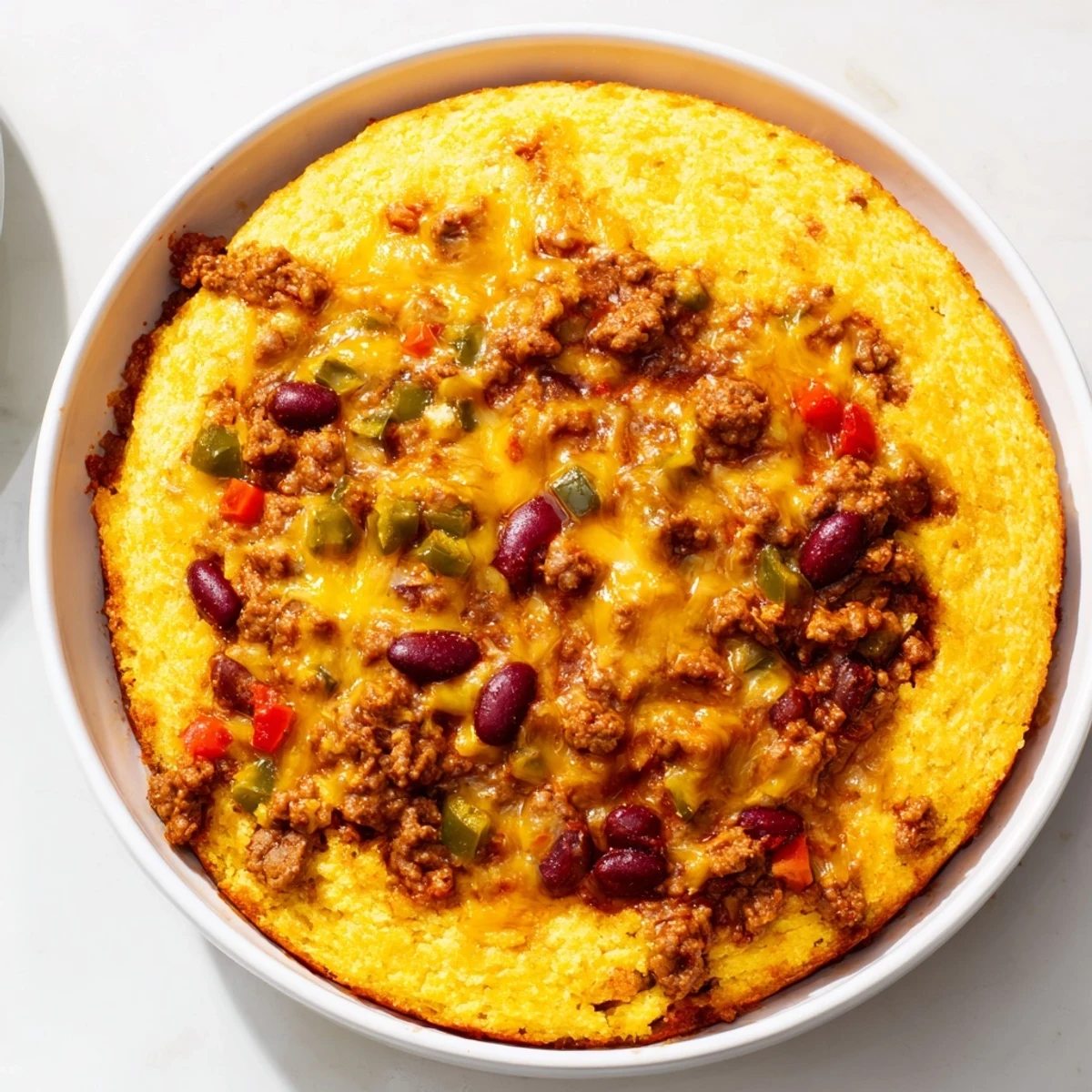 This photo shows steaming hot chili cornbread, a perfect blend of savory chili and sweet cornbread.