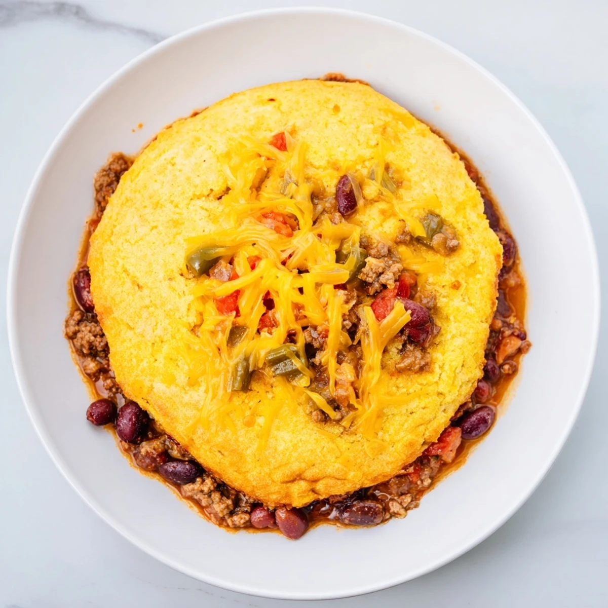 A skillet brimming with delicious chili cornbread, golden-brown and ready to eat with toppings.