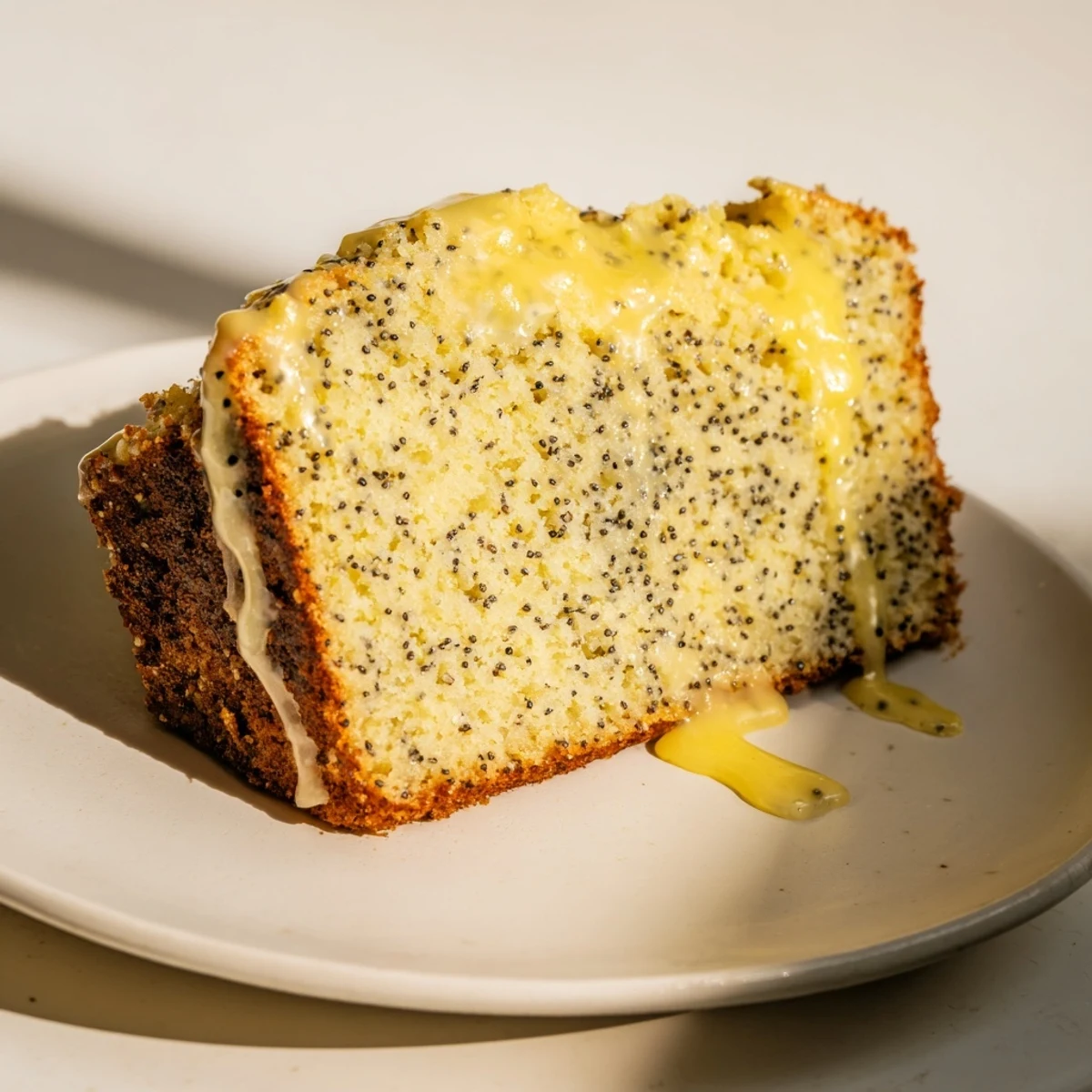 Freshly baked, this Poppy Seed Cake features a textured surface, ready to be enjoyed with a cup of tea.