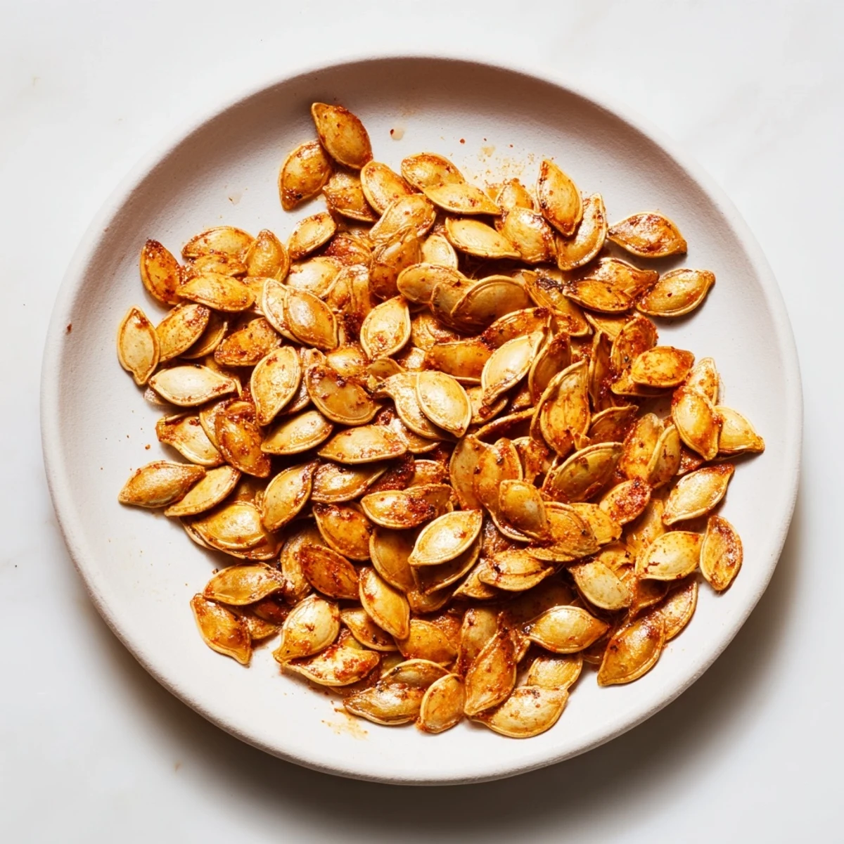 Golden, crispy roasted pumpkin seeds, sprinkled with spices, ready for a delicious snack.