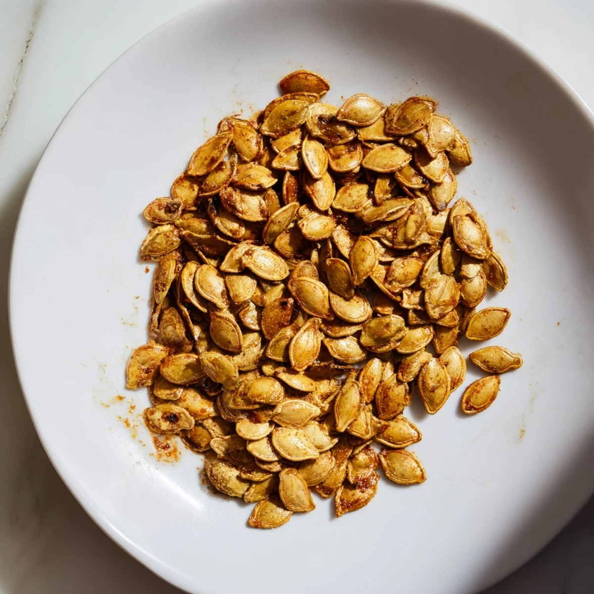 Freshly baked roasted pumpkin seeds, seasoned with paprika, offer a savory crunch on a baking sheet.