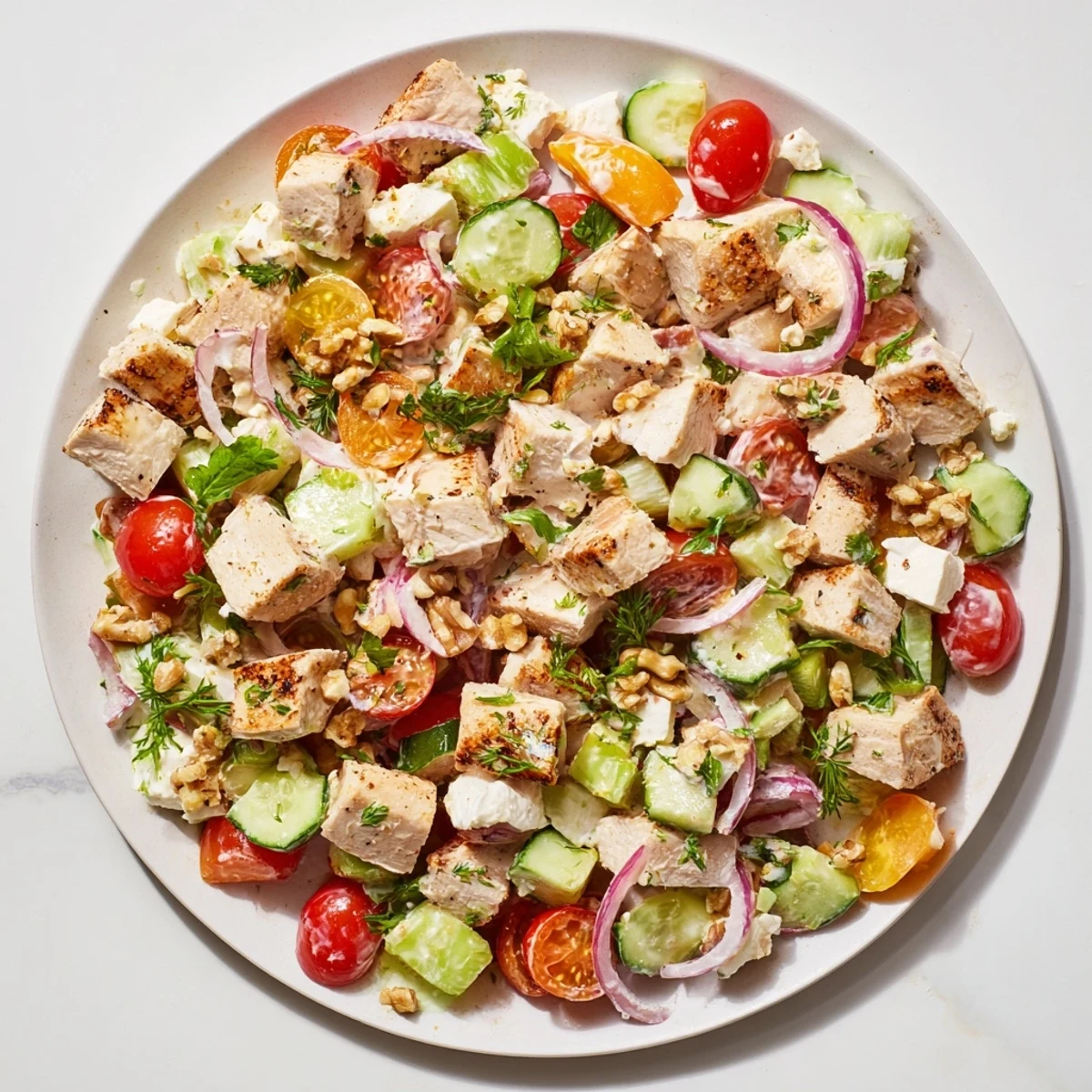 This vibrant chicken salad features chopped herbs and a creamy dressing, ideal for dinner.