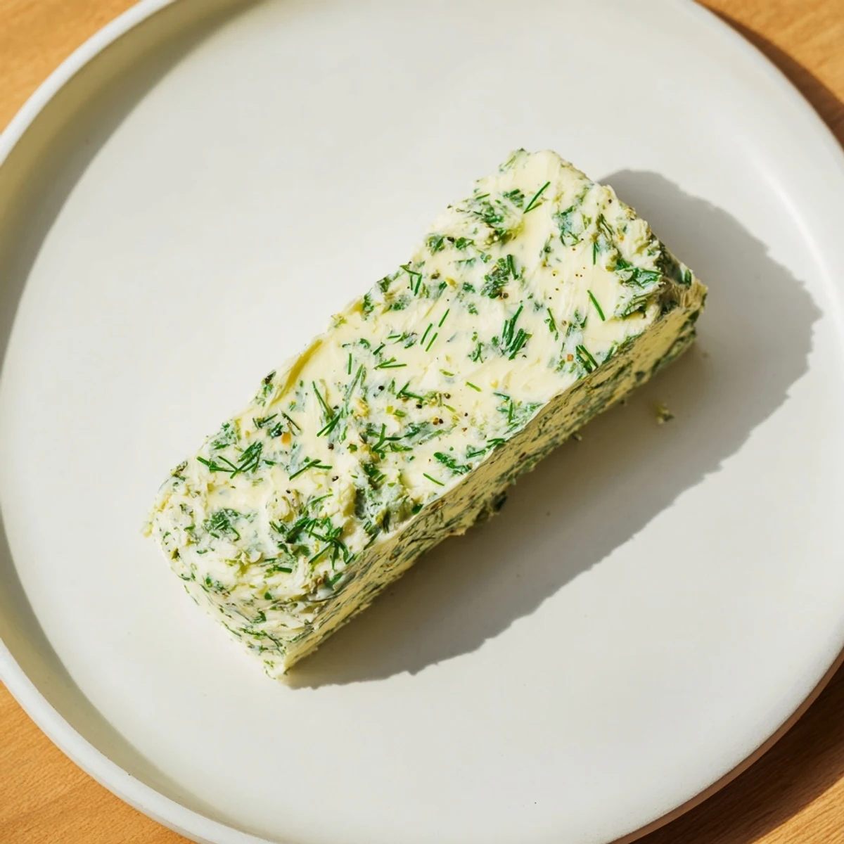 Vibrant green Herb Butter with herbs mixed throughout, ideal for a warm loaf of bread.