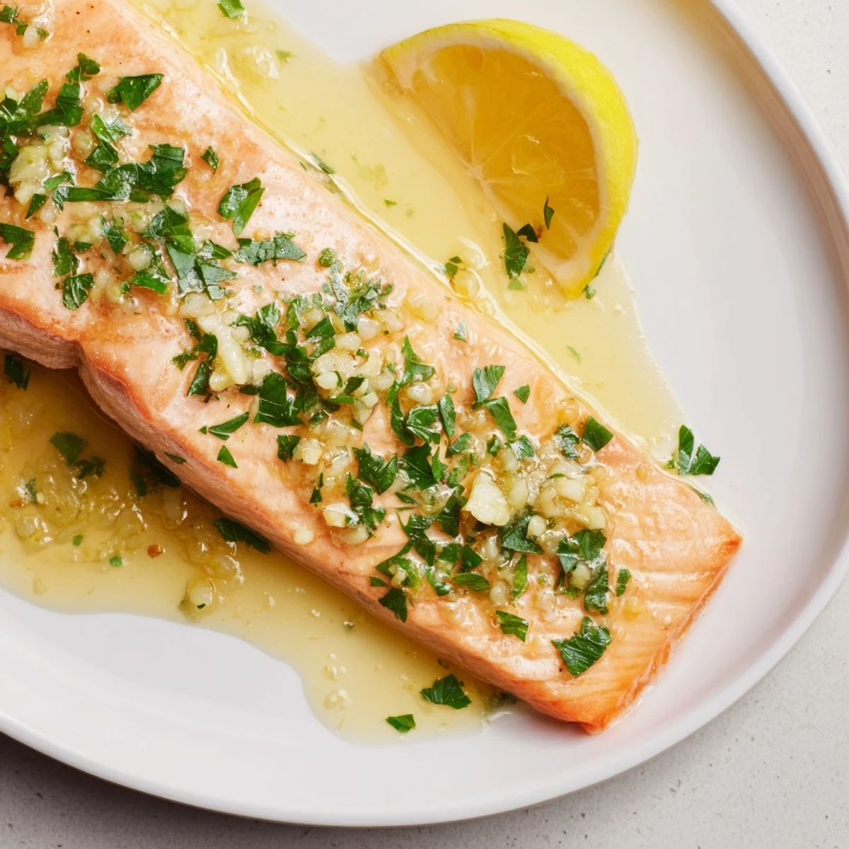 Golden-brown garlic salmon baking, the flaky fish glistens with flavorful butter sauce, perfect for dinner.