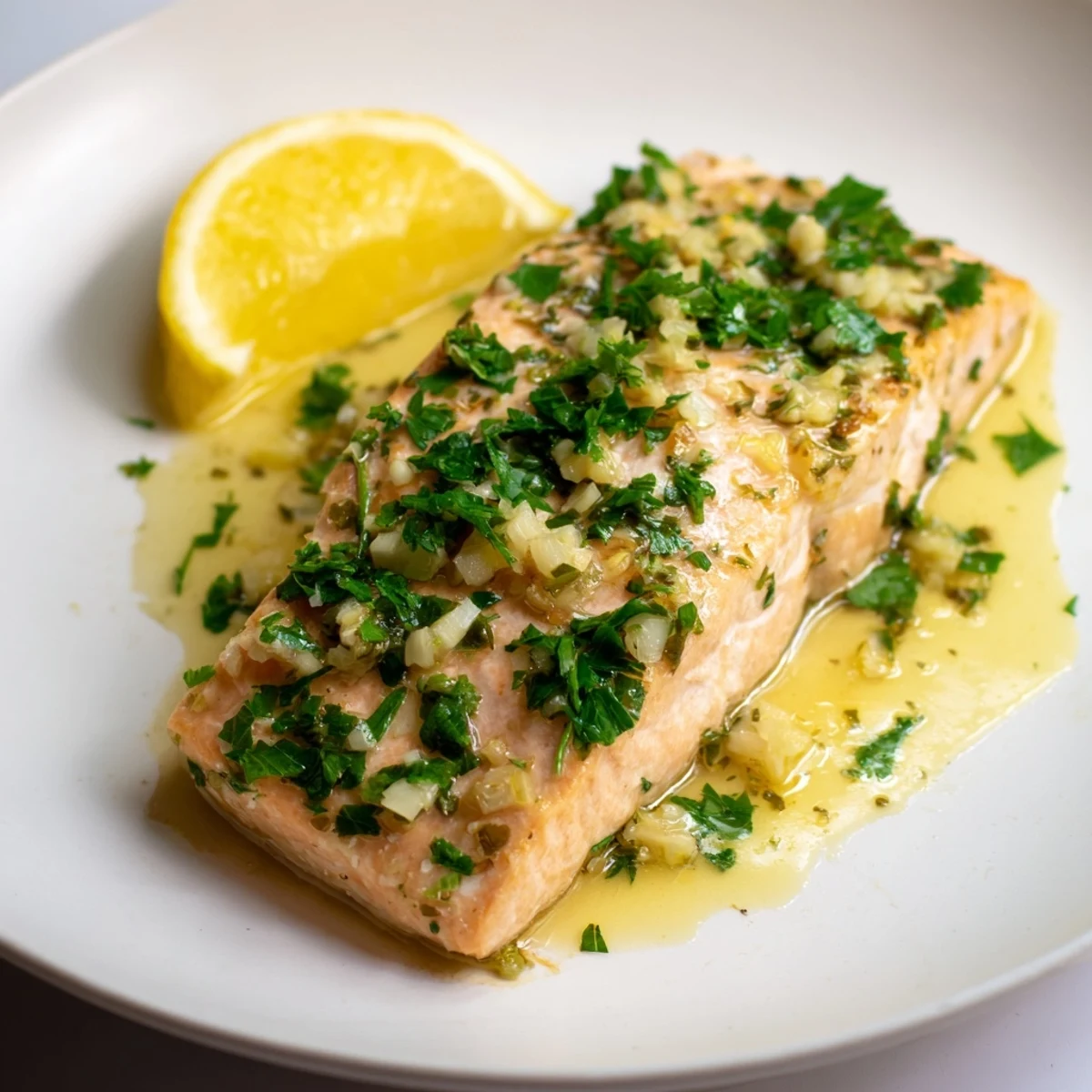 Freshly baked garlic salmon with herbs and lemon, a healthy and delicious American main course.