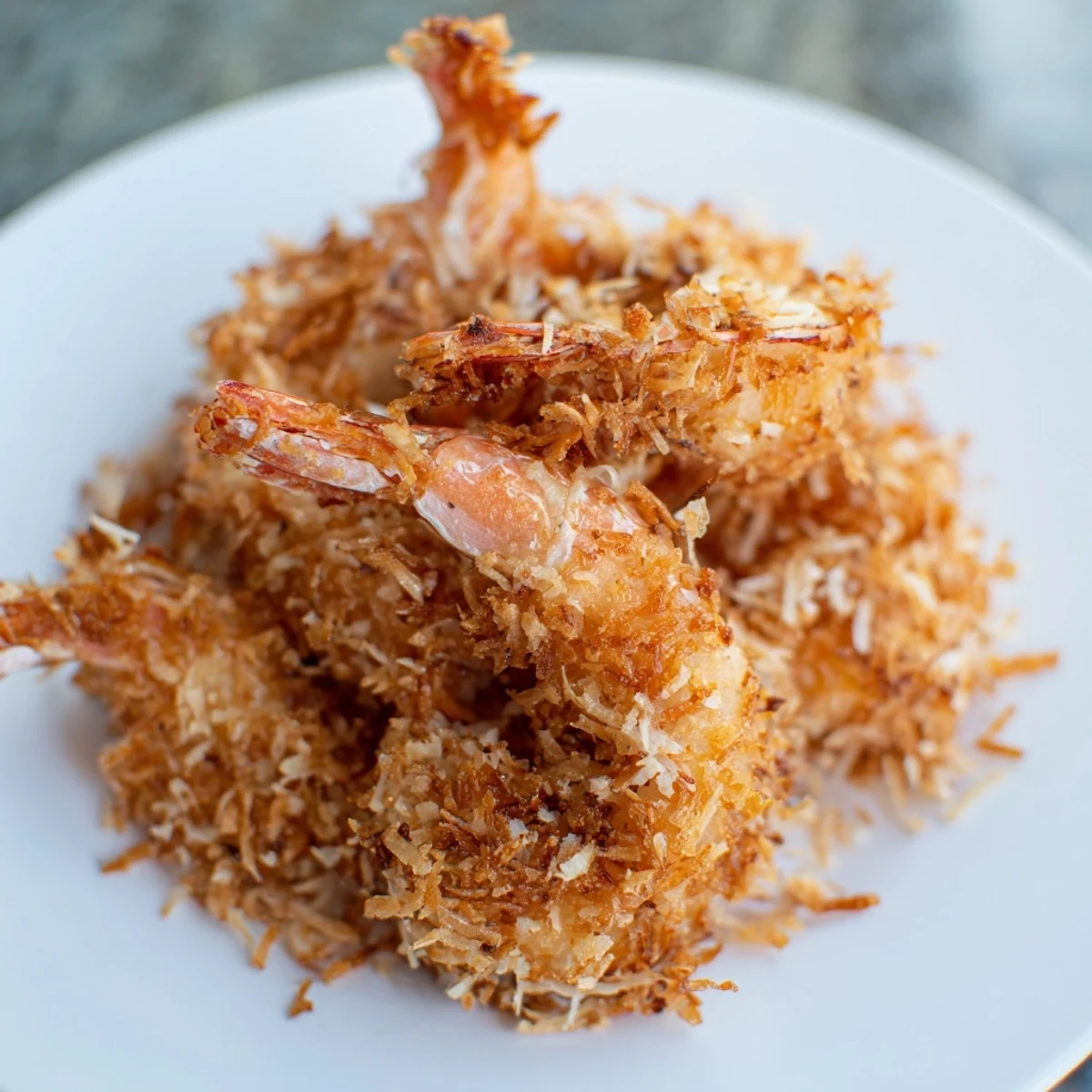 Golden, crispy Coconut Shrimp with a vibrant red dipping sauce, perfect for a party appetizer.