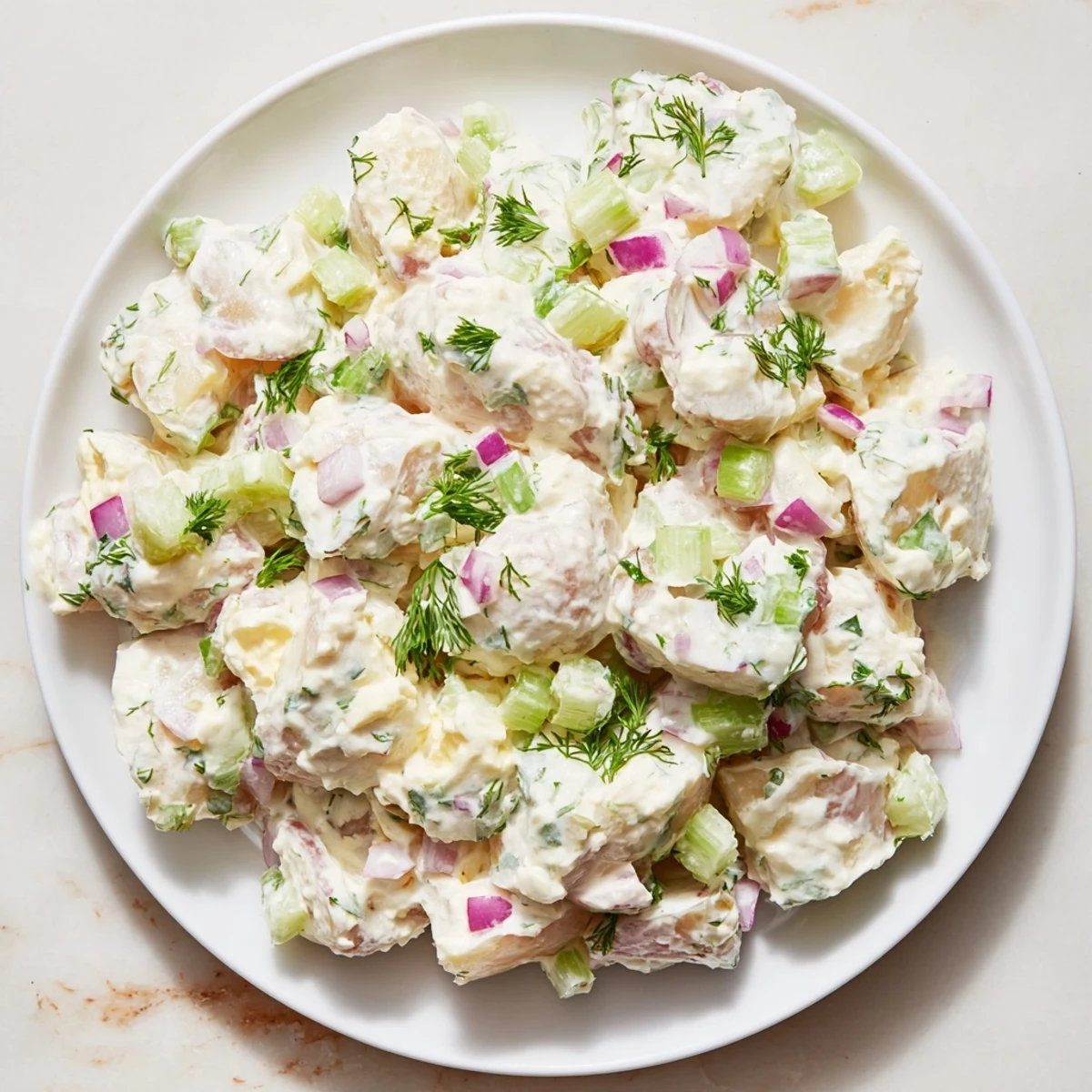 A close-up shot of homemade potato salad with visible diced vegetables in a bowl.