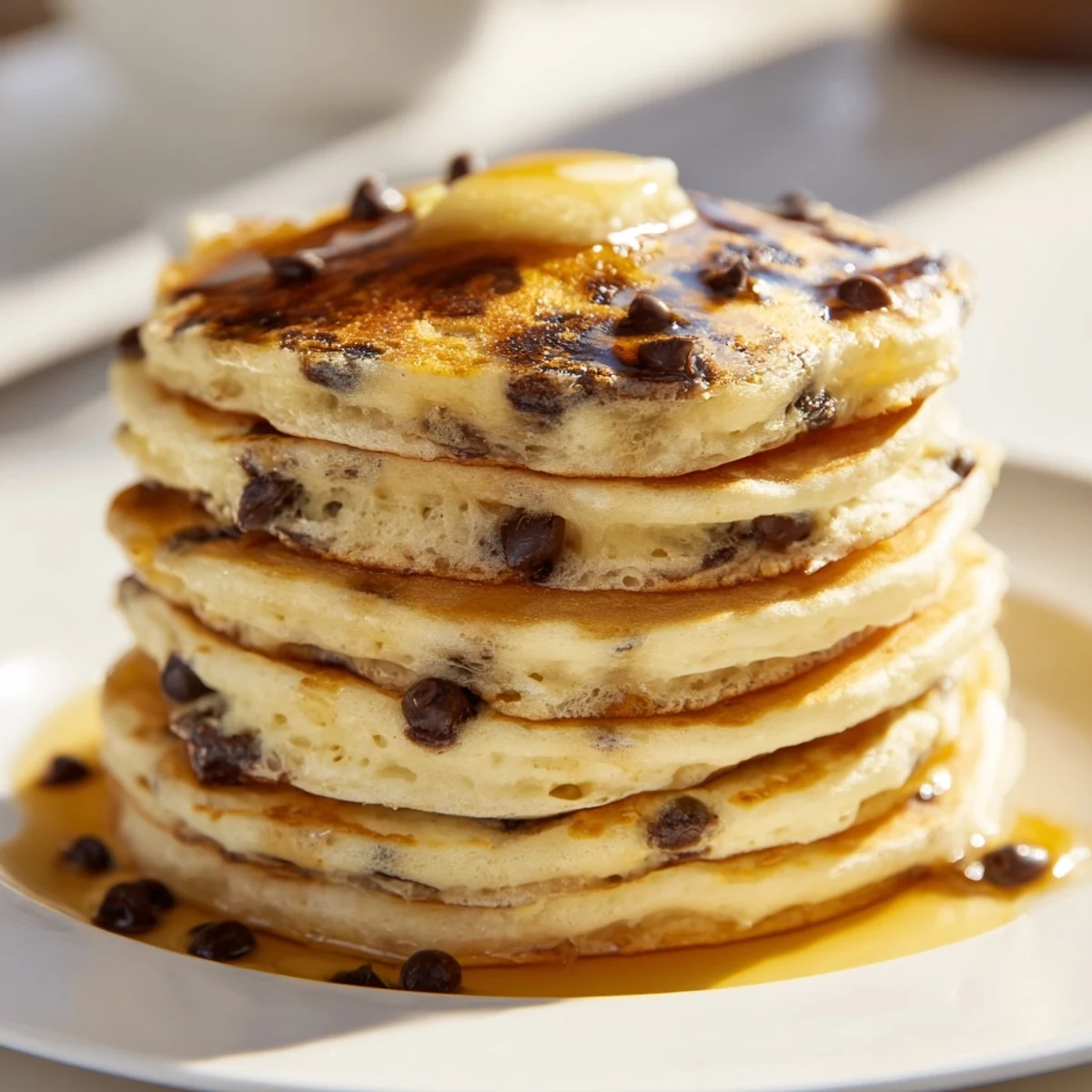 Imagine a plate of warm chip pancakes, with melted chocolate chips hinting at a sweet bite.