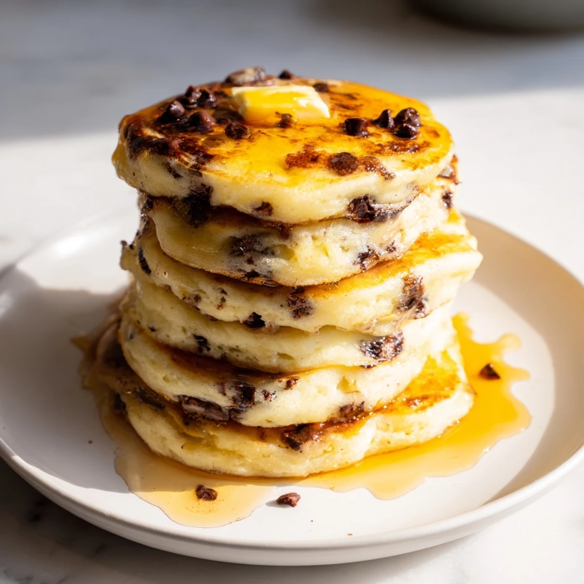 Golden-brown chip pancakes stacked high, drizzled with syrup, a perfect weekend breakfast treat.