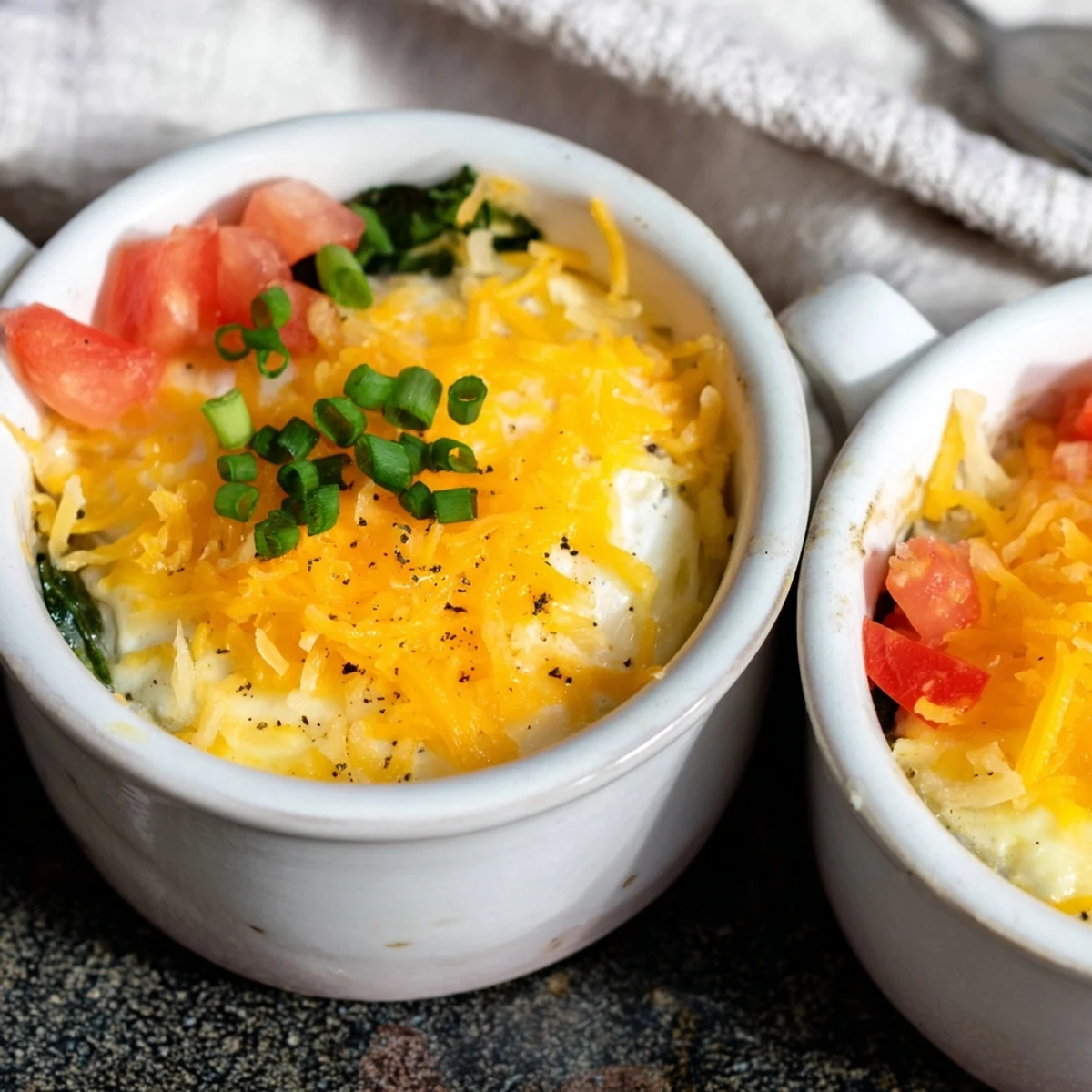 Golden-brown Egg Baked, bubbling with cheddar and chives, makes a savory brunch choice.