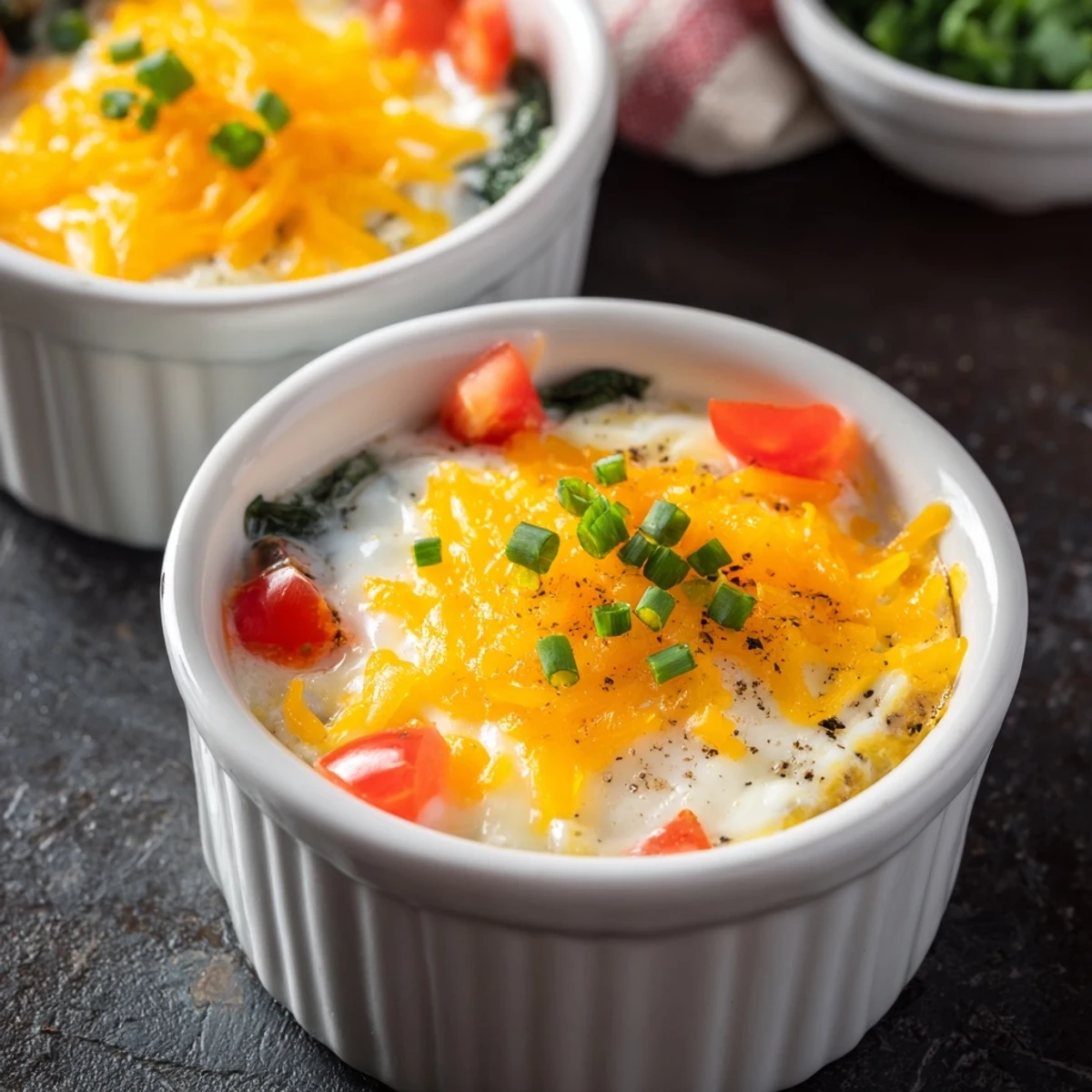 Freshly baked Egg Baked, with perfectly set whites and runny yolks, ready for serving.