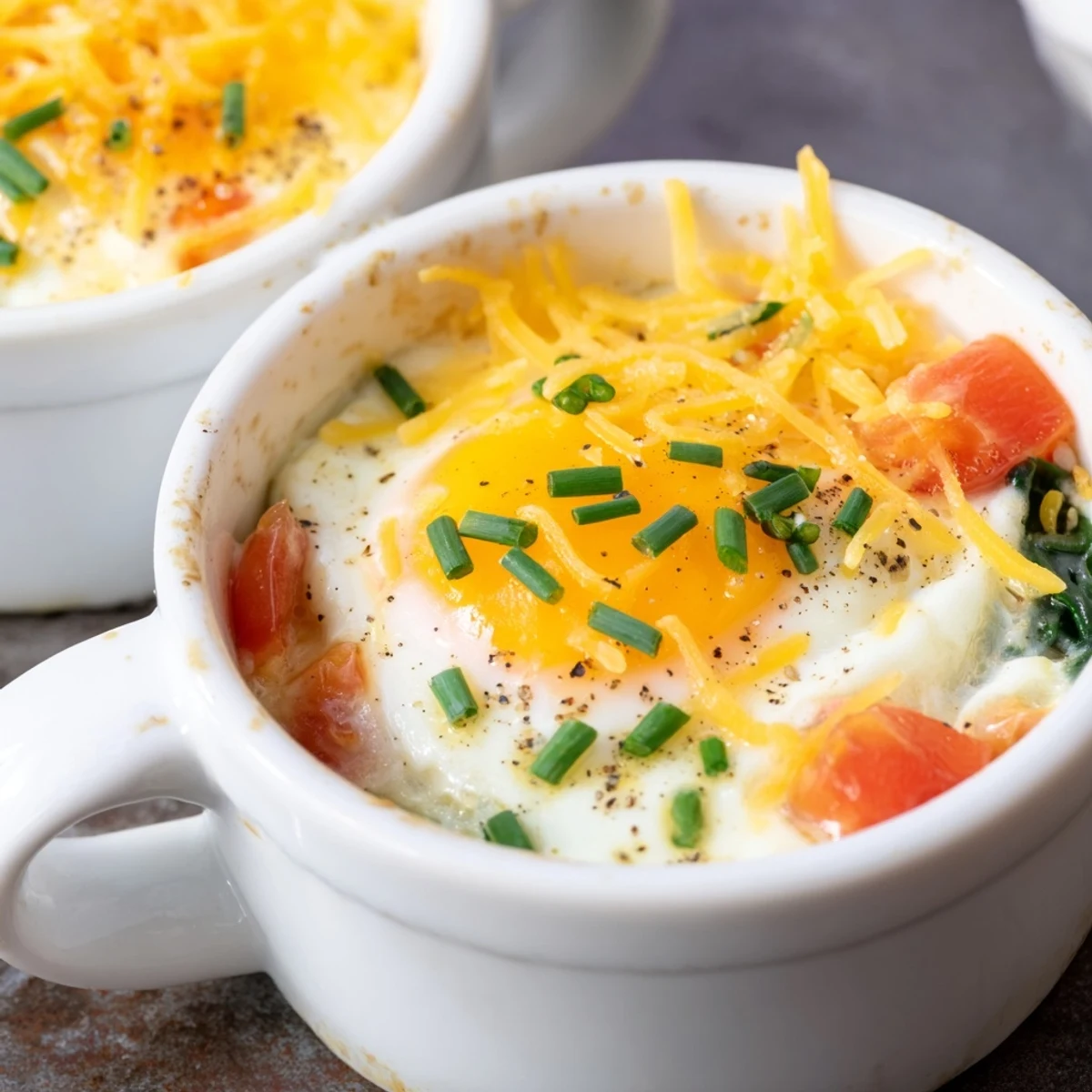 A warm dish of Egg Baked, creamy and cheesy, with vibrant spinach and tomato visible.