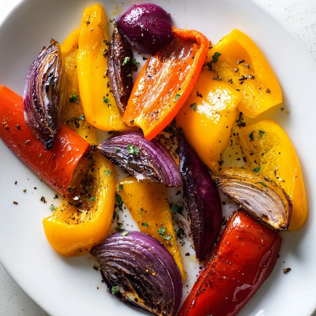 Pepper Roasted bell peppers and red onion, glistening from olive oil, offer a sweet and savory aroma.