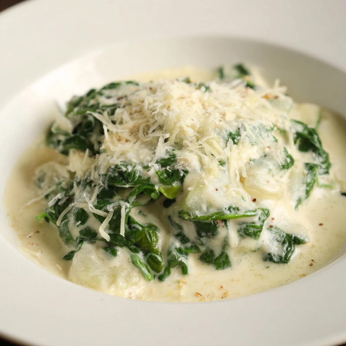 Steaming hot bowl of Creamy Spinach, a velvety vegetarian delight with hints of Parmesan and nutmeg.
