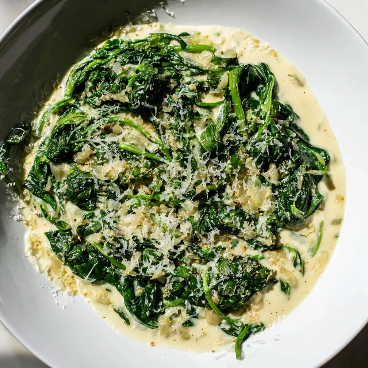 Creamy, vibrant spinach is simmering in a skillet, creating delicious Creamy Spinach for a comforting side.