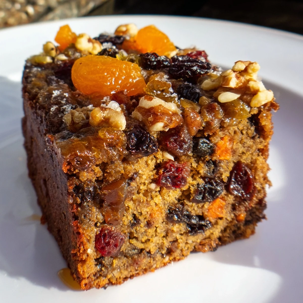 A slice of Fruit Spiced Cake, beautifully presented, with visible dried fruits and a dusting of powdered sugar.