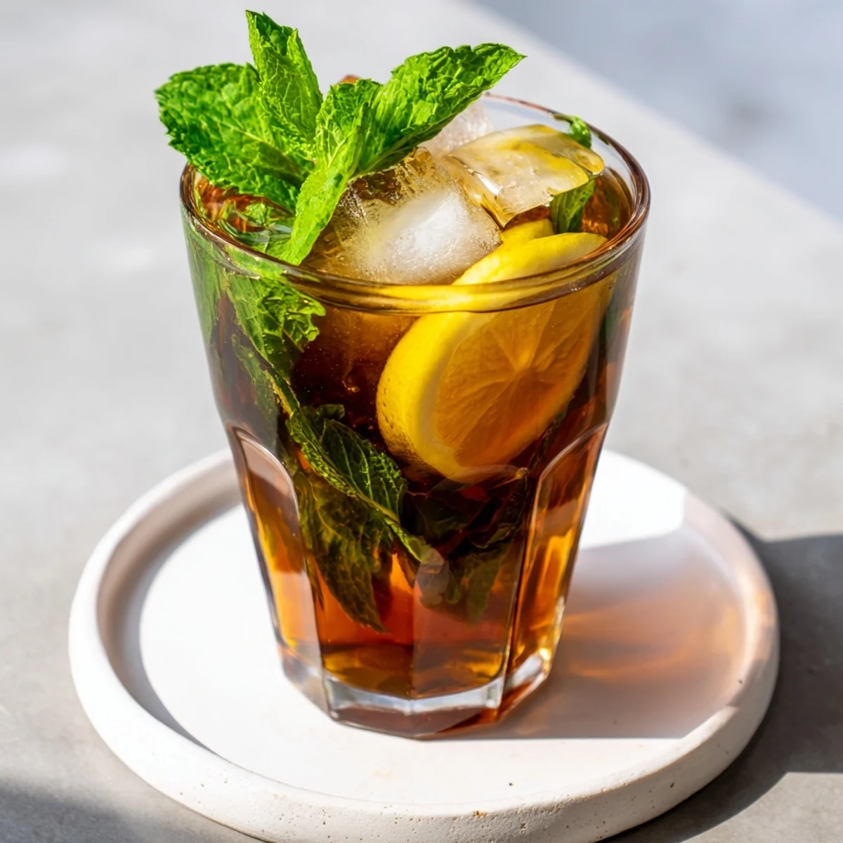 Bright yellow lemon slices garnish an icy cold glass of homemade Tea Lemon, a perfect summer drink.