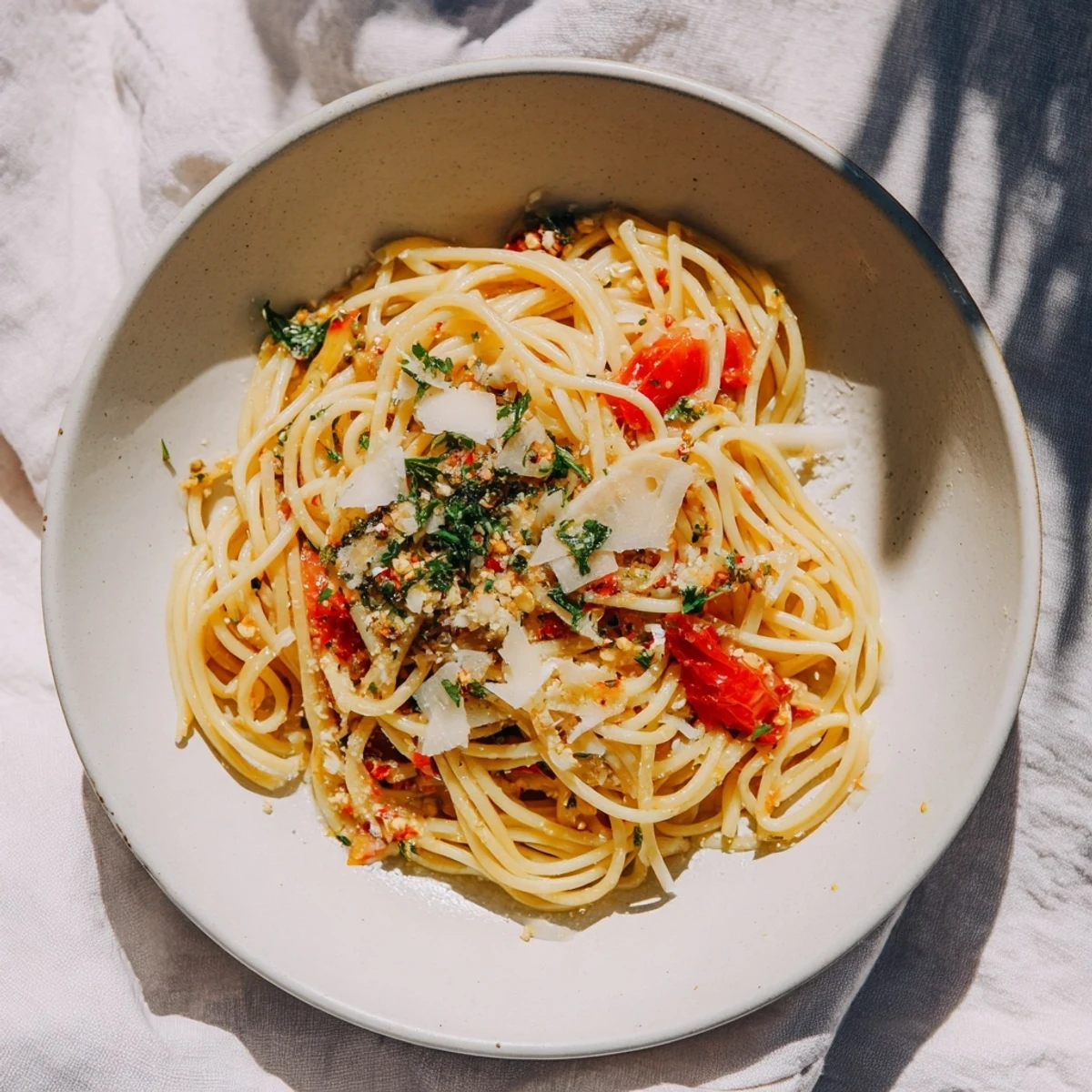 Golden garlic coats al dente Pasta Garlic, served with Parmesan for a comforting Italian meal.