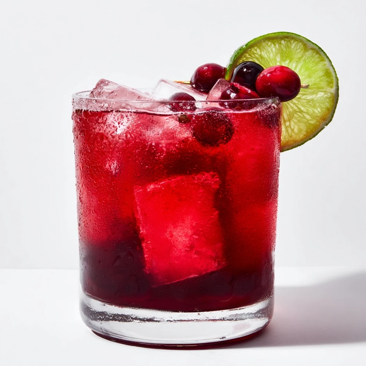 Bright red cranberry cocktail with a sugared rim, a visually appealing party drink.
