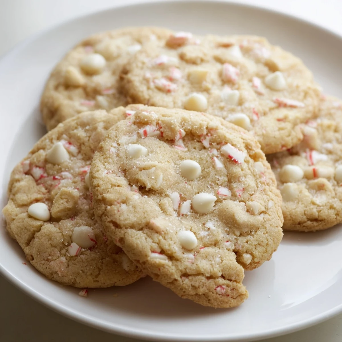 Warm, freshly baked Crisp Peppermint Cookies, dusted with crushed candy canes, ready to enjoy.