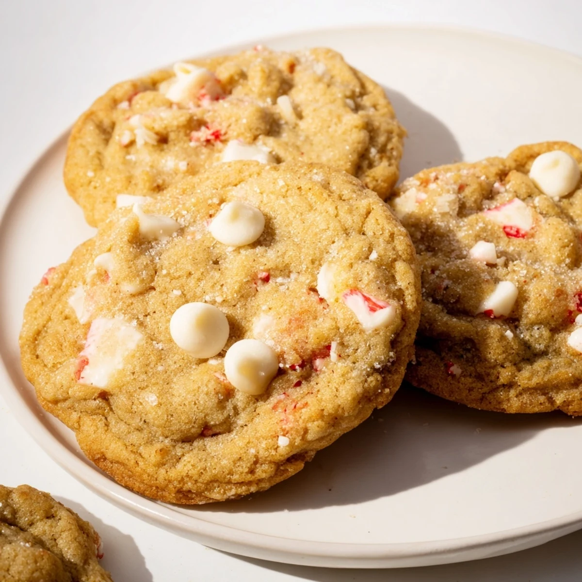 A close-up of golden Crisp Peppermint Cookies, showing their crinkled edges and glistening crushed peppermint.