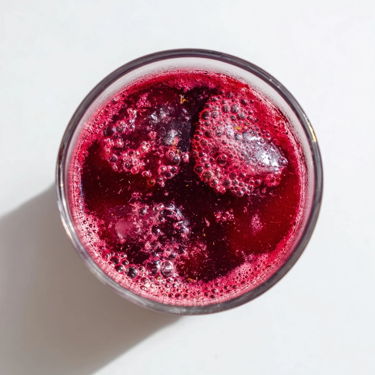 Winter Berry Juice poured into a glass, showcasing a vibrant red hue with fresh berry garnishes.