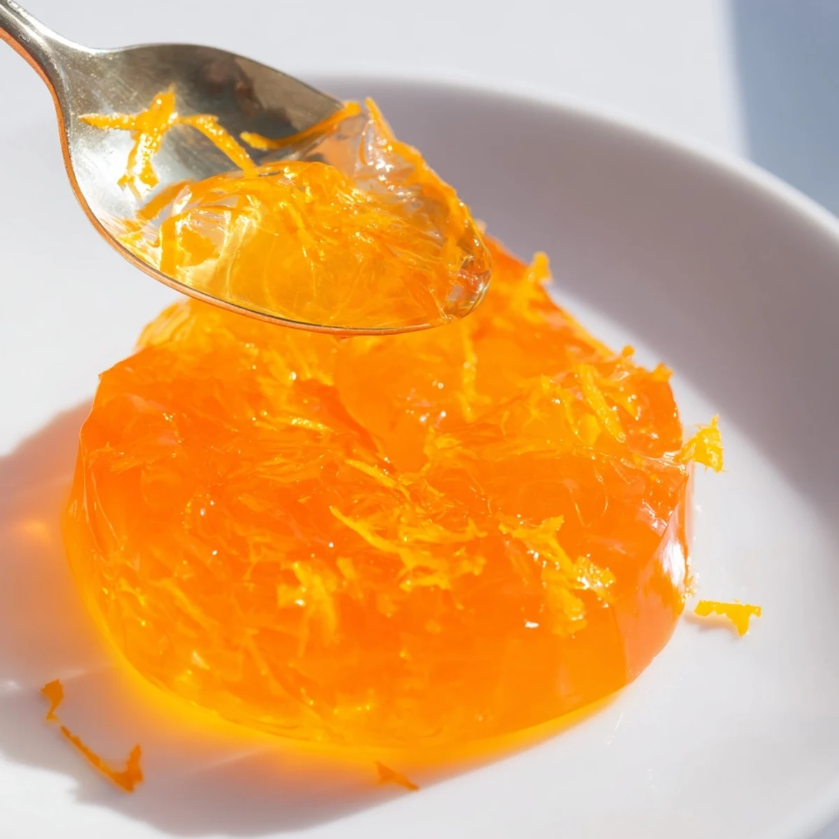 A jar of glistening Zesty Orange Jelly, showcasing its bright color and perfect for spreading.