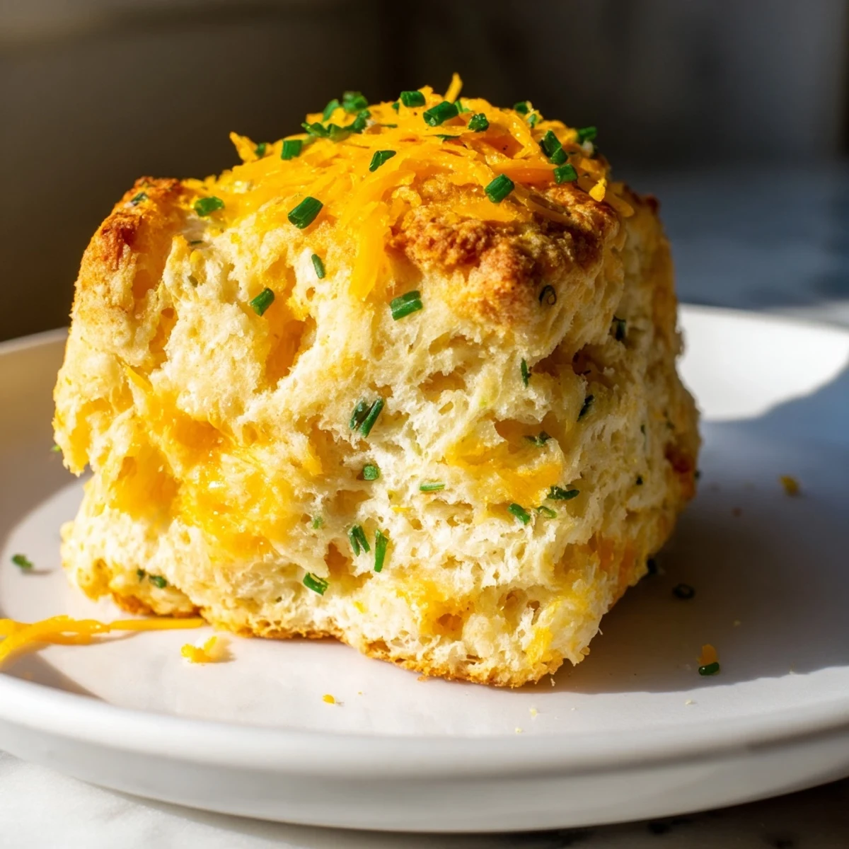 Golden-brown Savory Cheese Scones, lightly speckled with chives, ready to be enjoyed with a hot cup of tea.