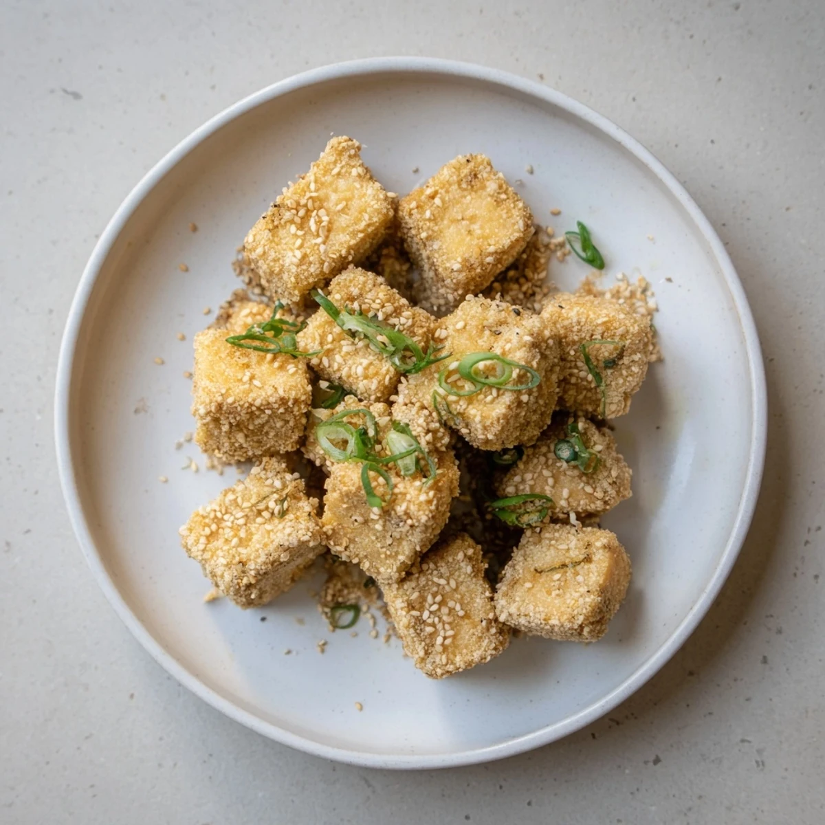 Golden, crispy tofu cubes, cooked to perfection, are ready to be enjoyed as a tasty appetizer.