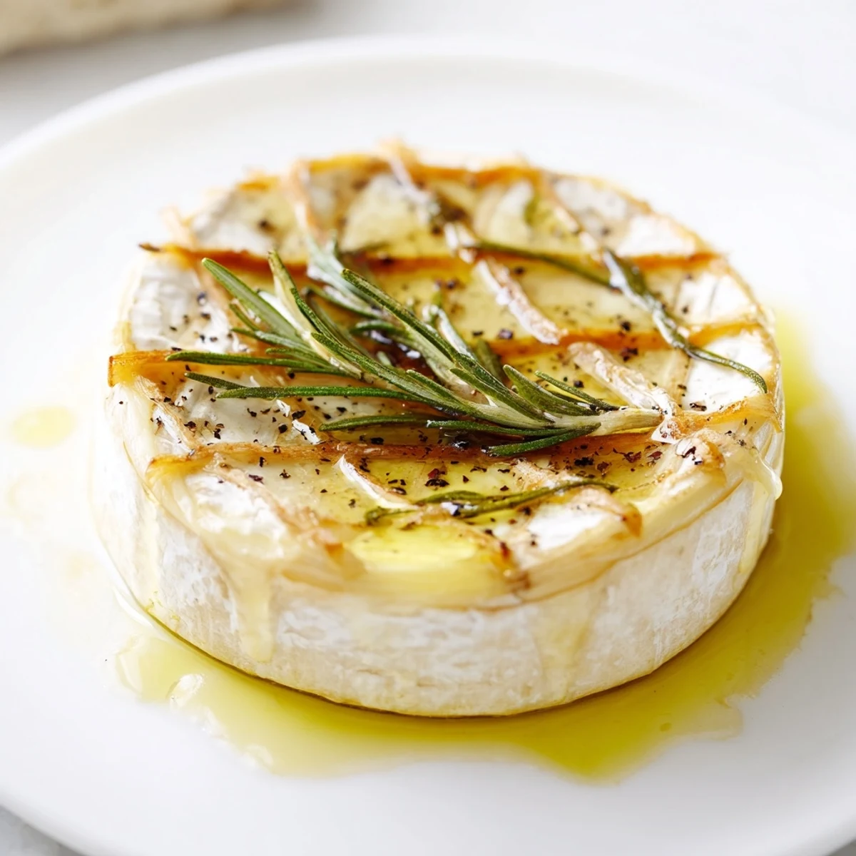 Warm, gooey baked Camembert cheese, bubbly and golden, ready to be scooped up with crusty bread.