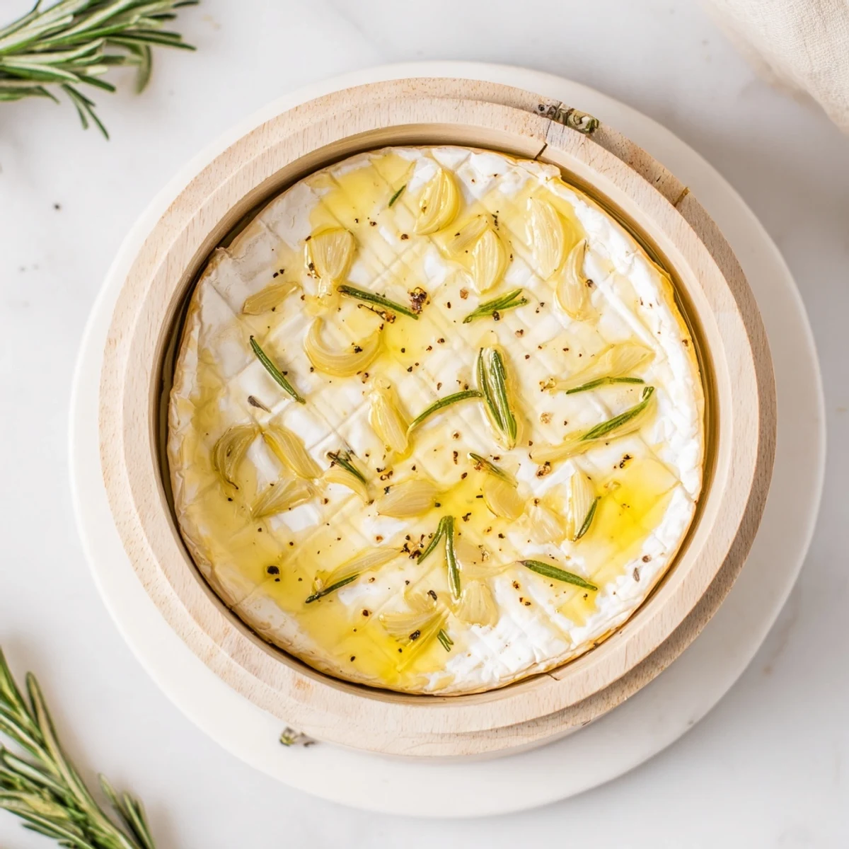 Appetizing close-up: baked Camembert cheese, oozing and fragrant, with rosemary and garlic, ready to dip.