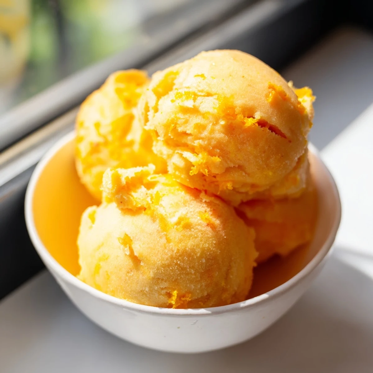Vibrant citrus sorbet, a smooth blend of orange, lemon, and lime, is chilling in a bowl.