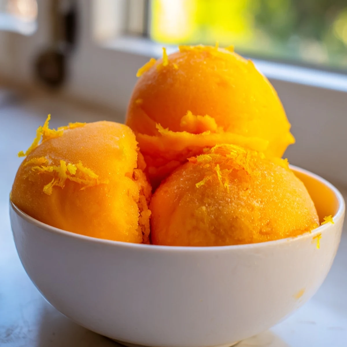 Homemade citrus sorbet, tangy and cold, served in a glass with visible citrus zest.