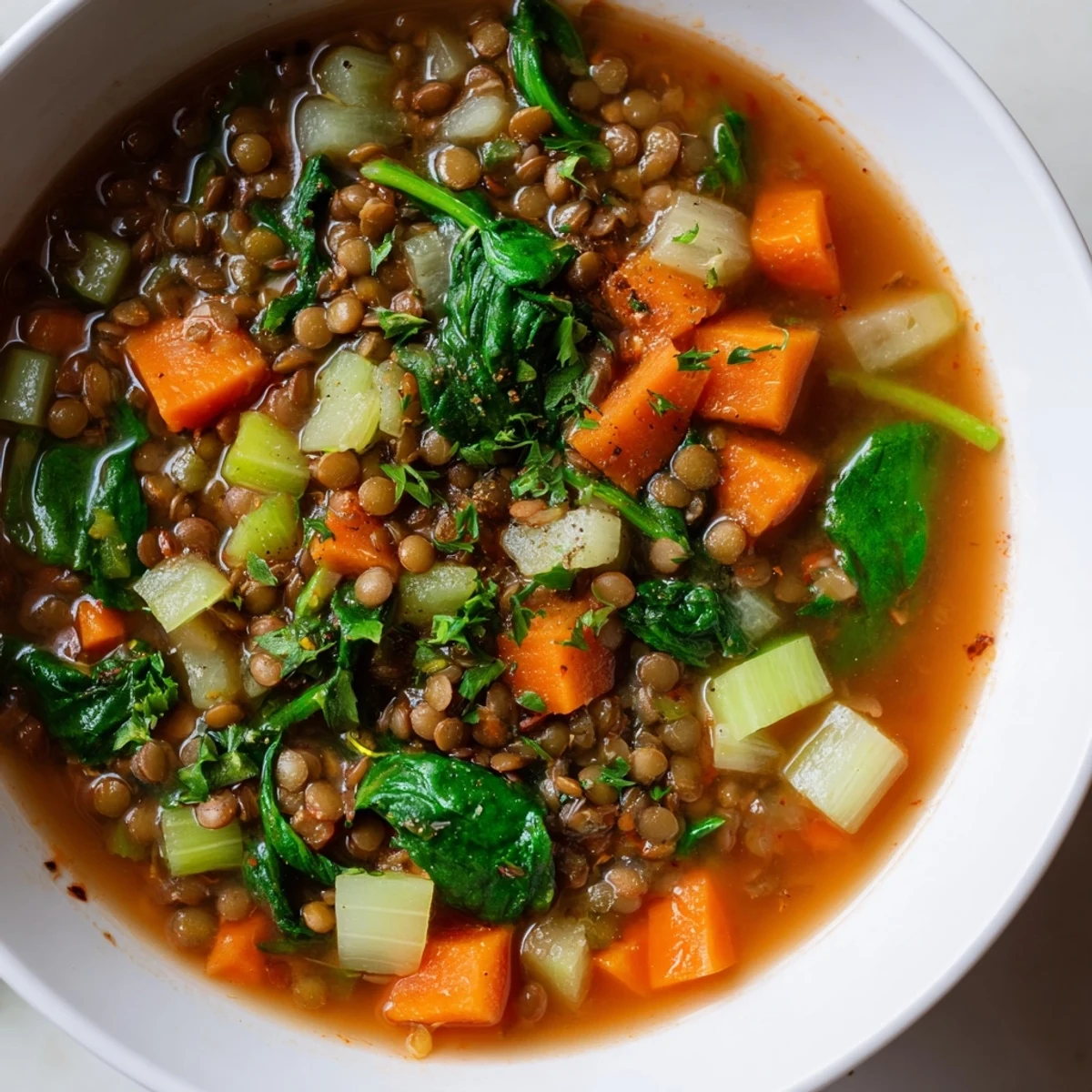 Steaming bowl of Hearty Lentil Soup, full of vegetables, ready to warm you up.