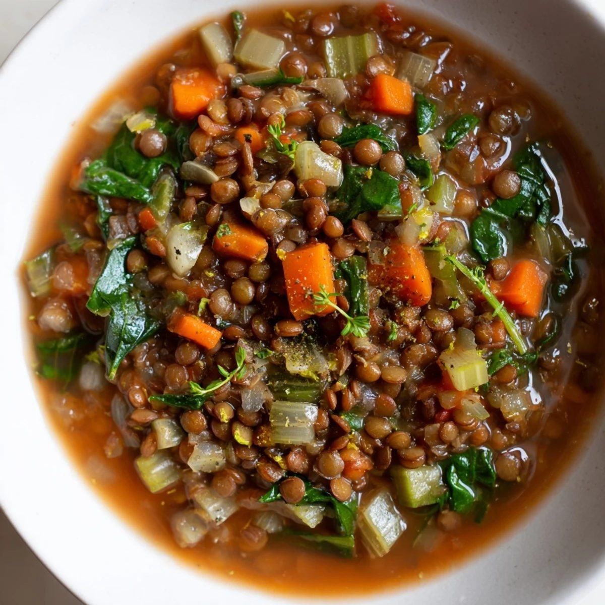 Enjoy a delicious and healthy bowl of homemade Hearty Lentil Soup on a cold day.
