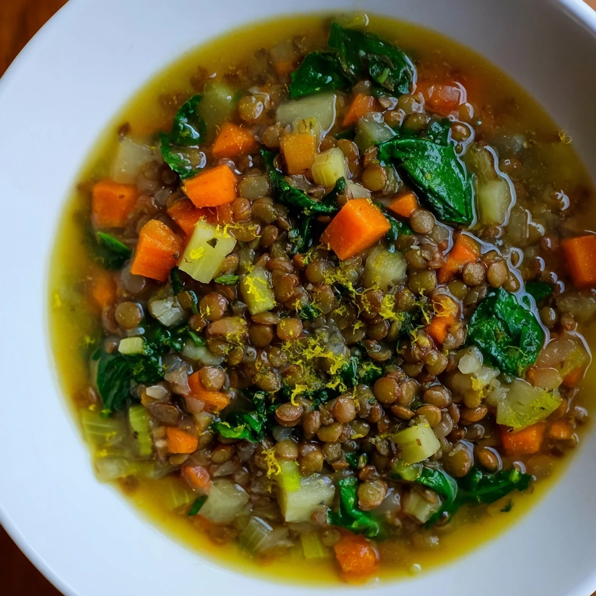 A close-up of a flavorful Hearty Lentil Soup, garnished with fresh parsley, perfect for dinner.
