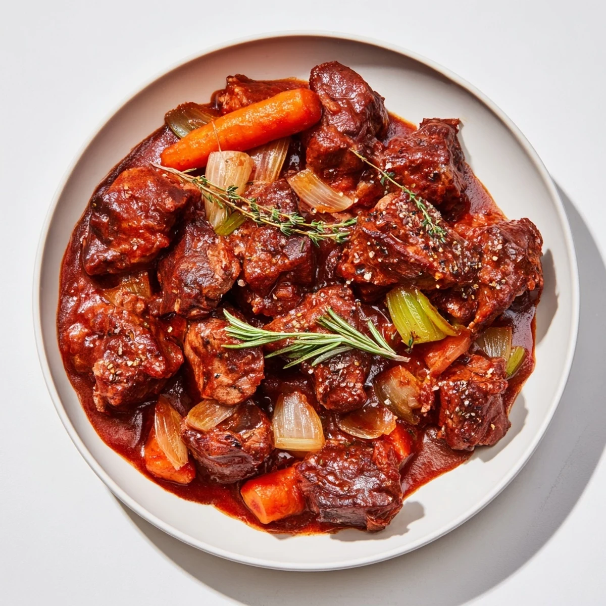 Get a glimpse of the rich, savory sauce surrounding tender, fall-apart braised lamb in an oven-safe pot.