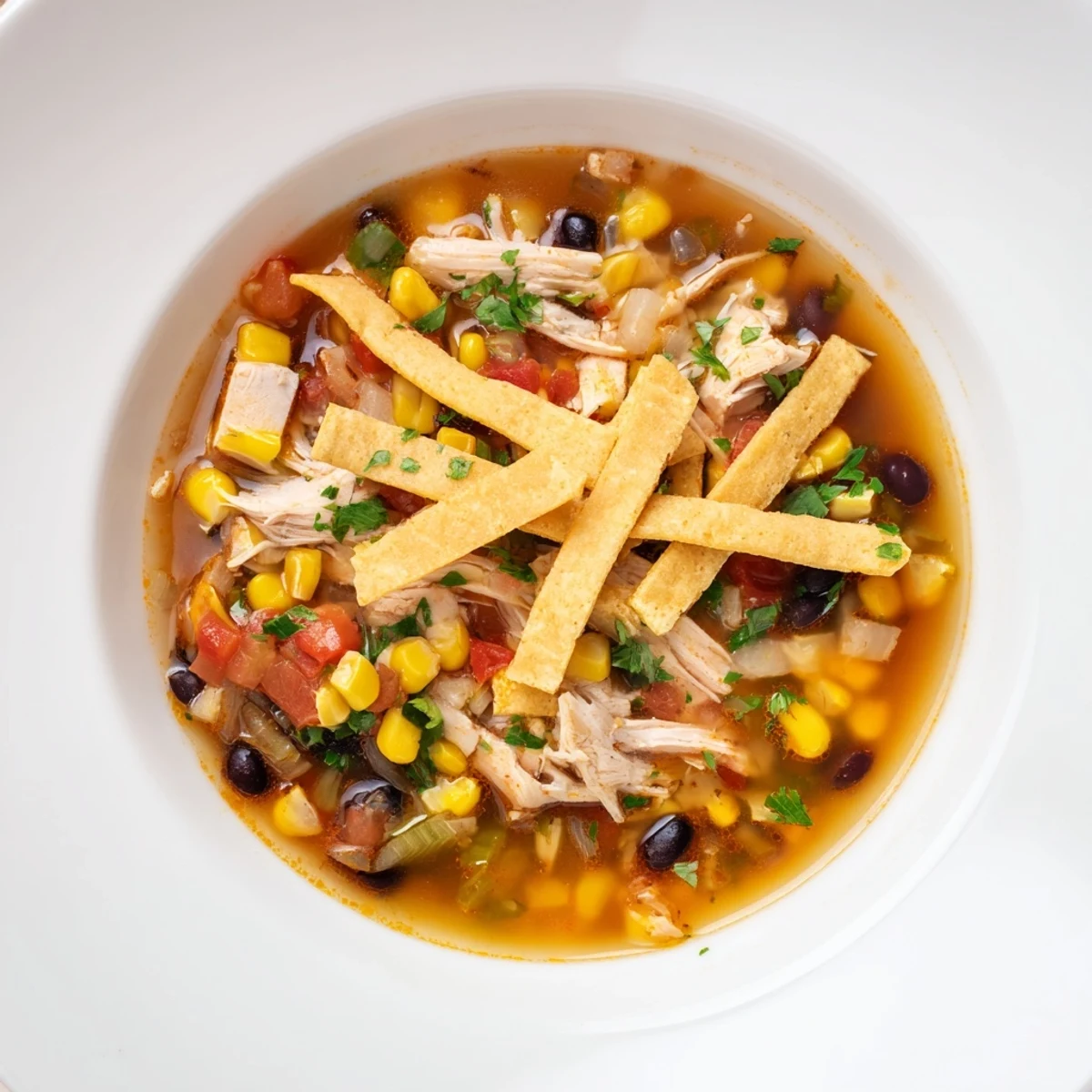 Golden crispy tortilla strips top a steaming bowl of Chicken Tortilla Soup, ready to enjoy.