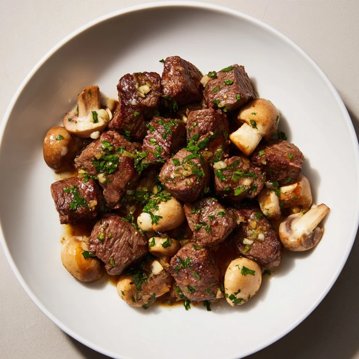 Golden seared Garlic Butter Steak Bites with mushrooms, glistening with a savory garlic butter glaze.