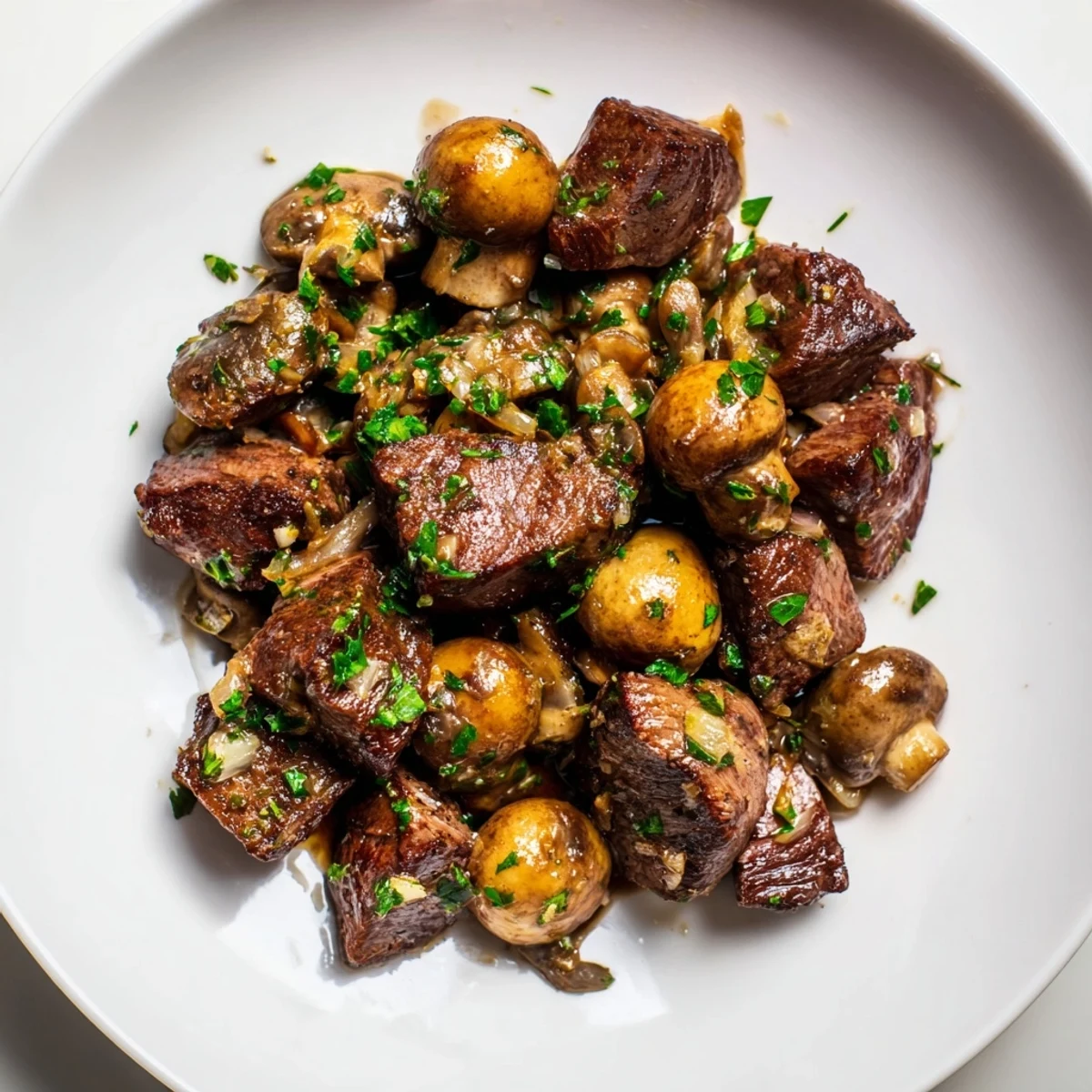 Sizzling pan of Garlic Butter Steak Bites, featuring juicy morsels with delicious sautéed mushrooms.