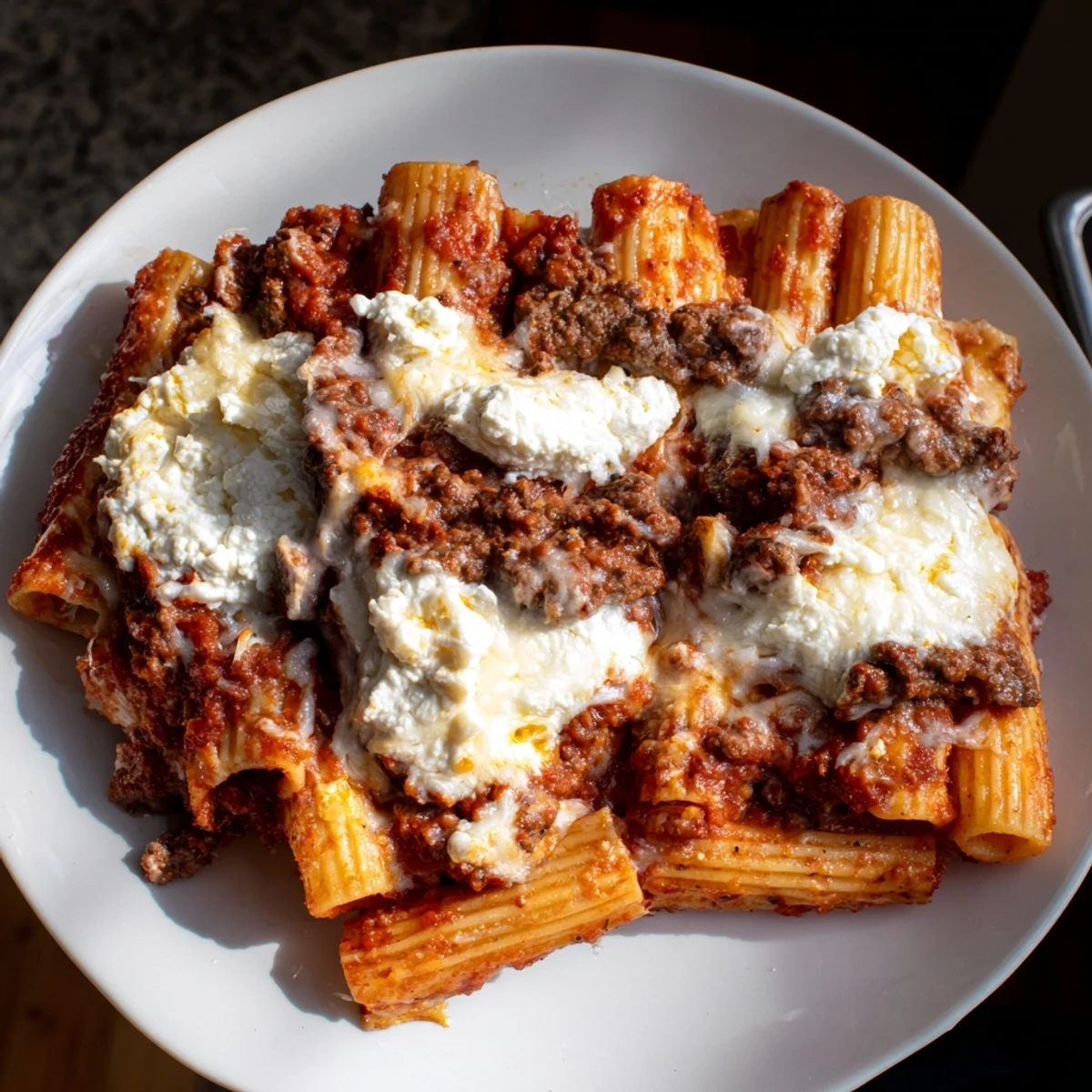 A hearty pan of Baked Ziti features layers of pasta, ground beef, and cheesy goodness, bubbling hot.