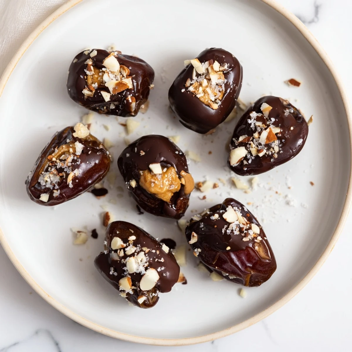 Chocolate-covered dates, a close-up shows a glistening dessert: stuffed with almond butter and dark chocolate.
