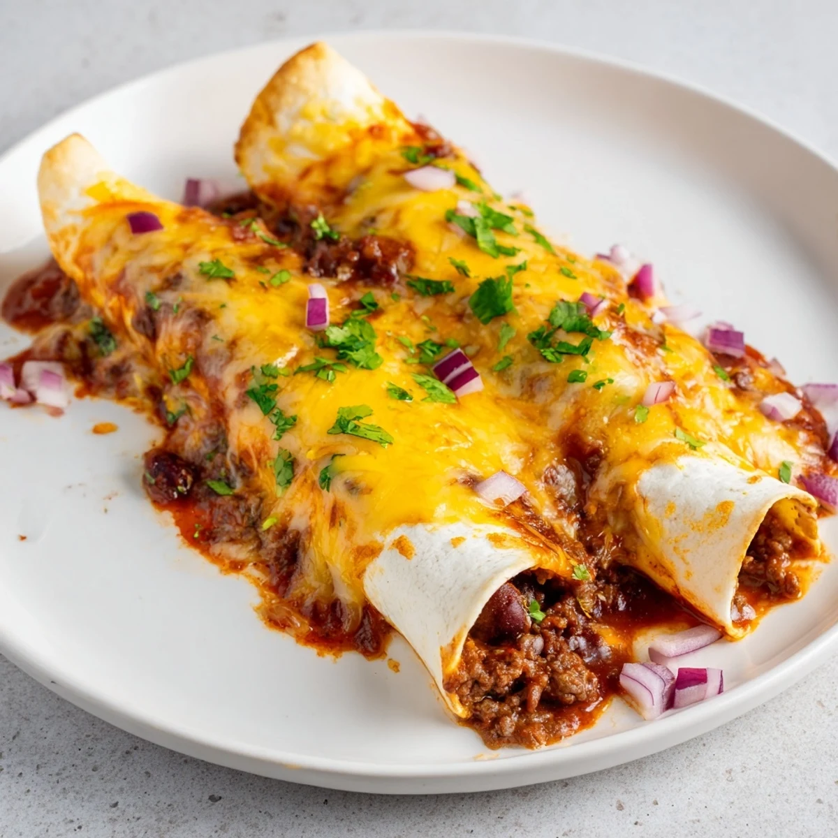 Warm, cheesy Beef Enchiladas with red sauce bubbling, ready to be served hot from the oven.