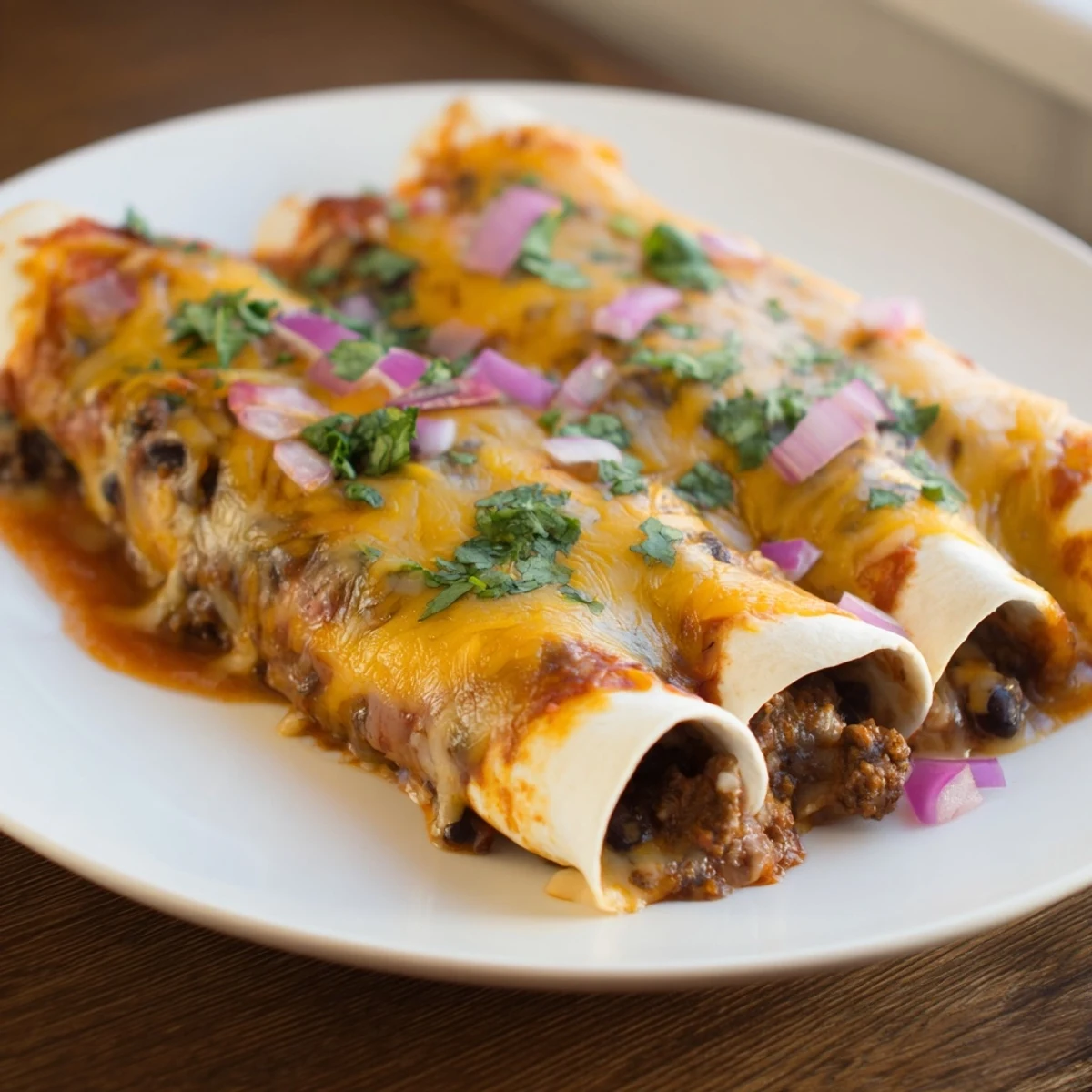 Freshly garnished Beef Enchiladas, a flavorful Mexican comfort food, waiting for a delicious bite.