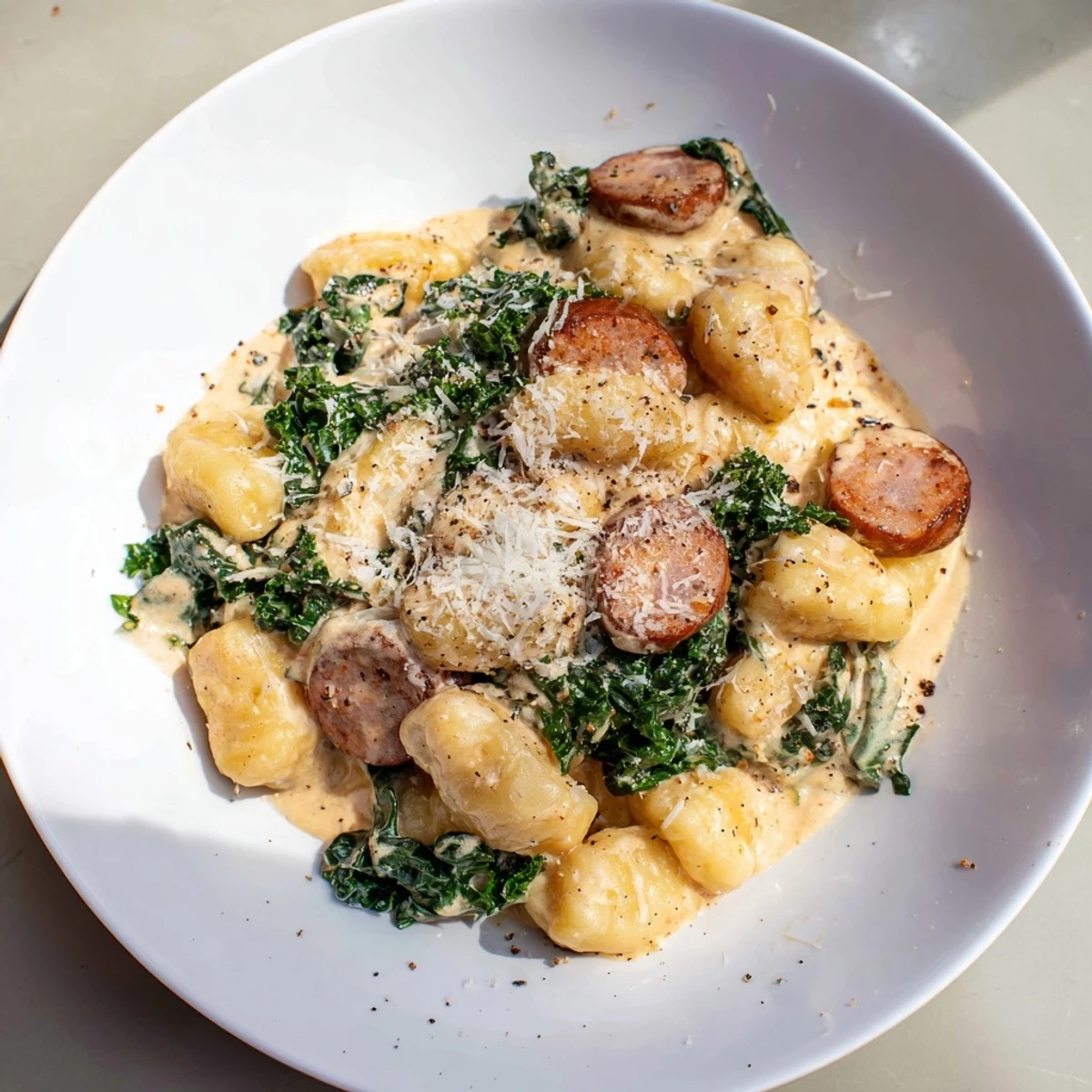 Delicious creamy gnocchi with sausage and kale, featuring flavorful sausage and wilted greens.
