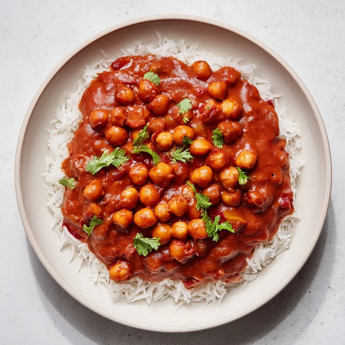 Close-up of a steaming bowl of vegan chickpea tikka masala, generously garnished with cilantro.