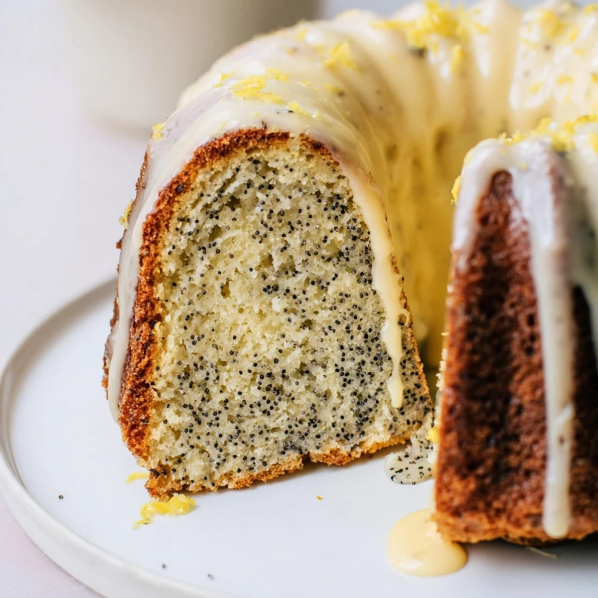 Fluffy slice of Lemon Poppy Seed Bundt Cake, drizzled with bright lemon glaze in the photo.